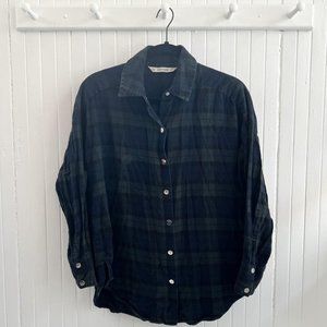 Zara Basic Button Down Blue and green Cotton Flannel with Silver Buttons